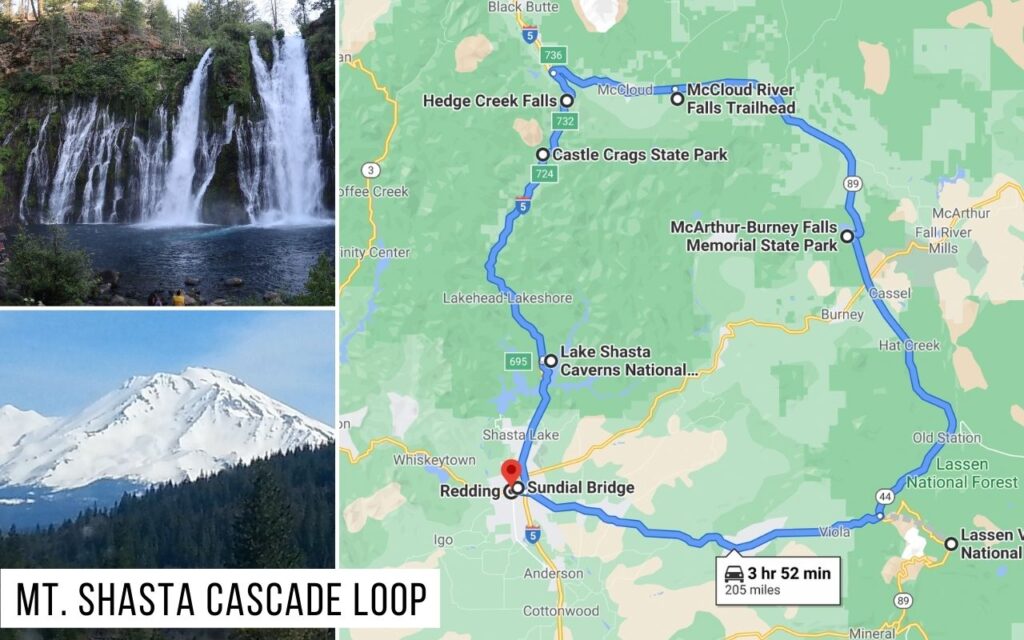 map and photos of mt Shasta cascade loop