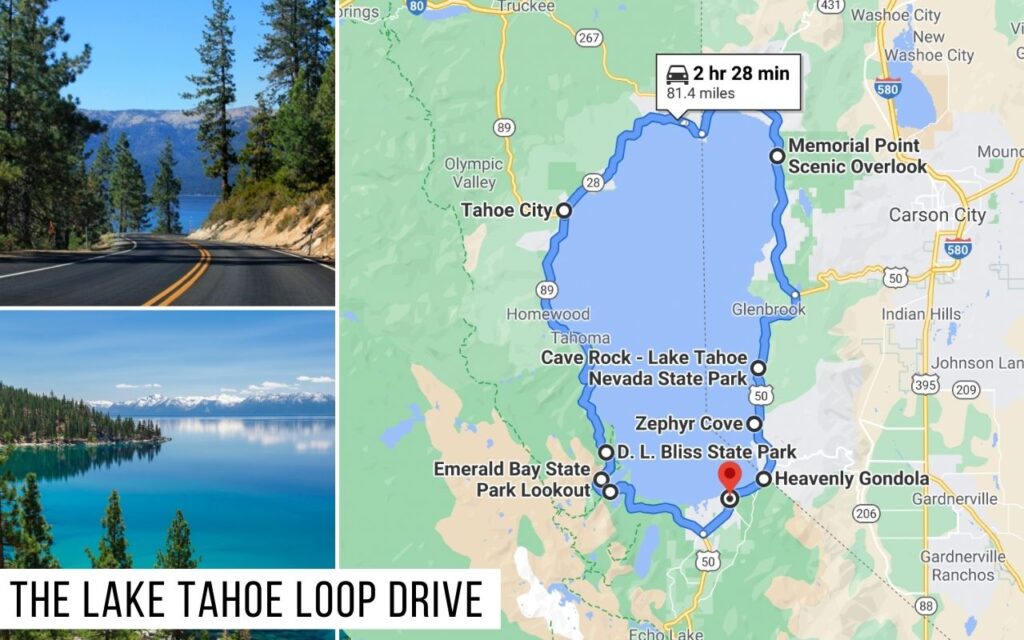 photos and map of Lake Tahoe scenic drive